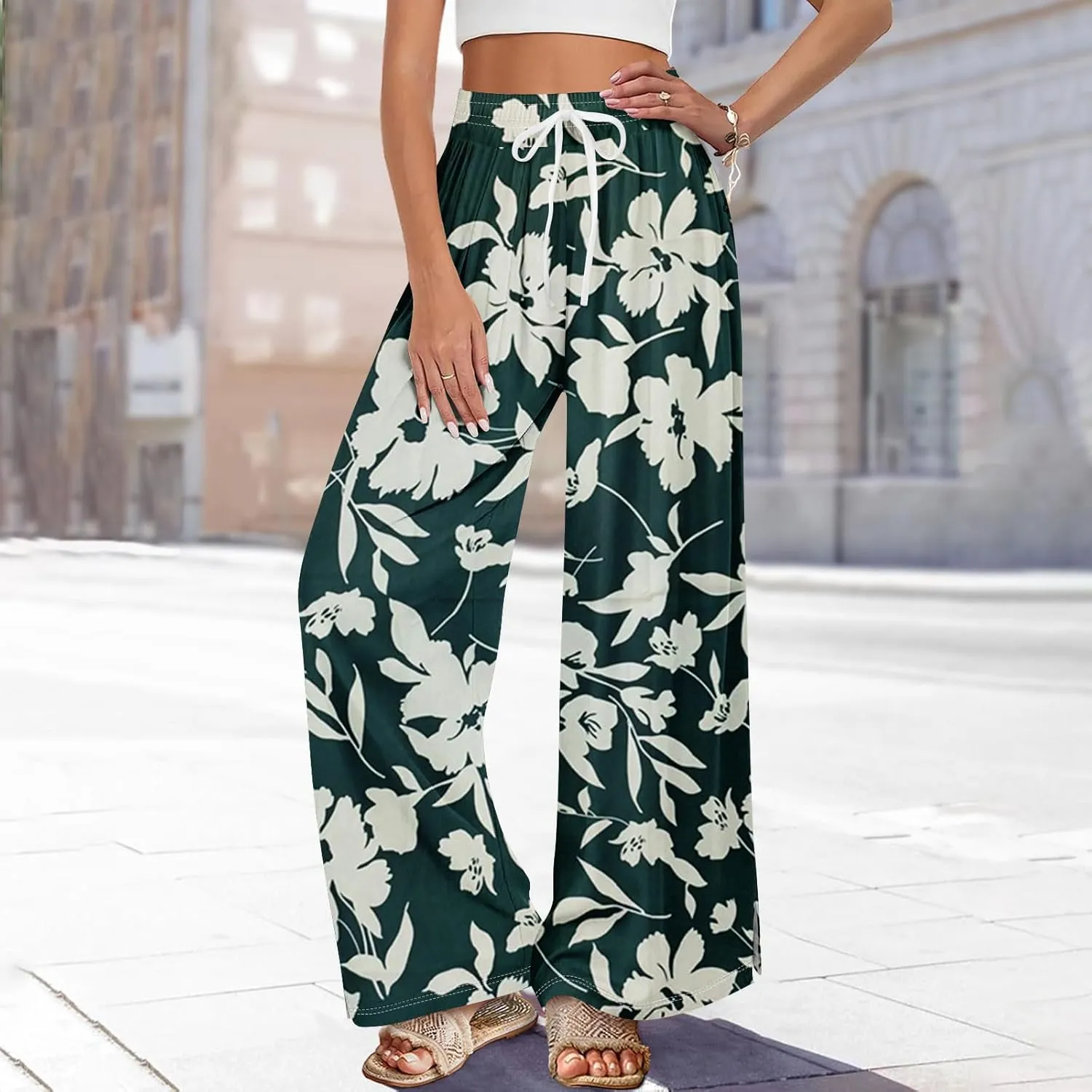 Wide Leg Pants Women Summer Boho High Waist Elastic Waist Palazzo Pants Trendy Casual Floral Print Trousers with Pockets