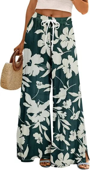 Wide Leg Pants Women Summer Boho High Waist Elastic Waist Palazzo Pants Trendy Casual Floral Print Trousers with Pockets