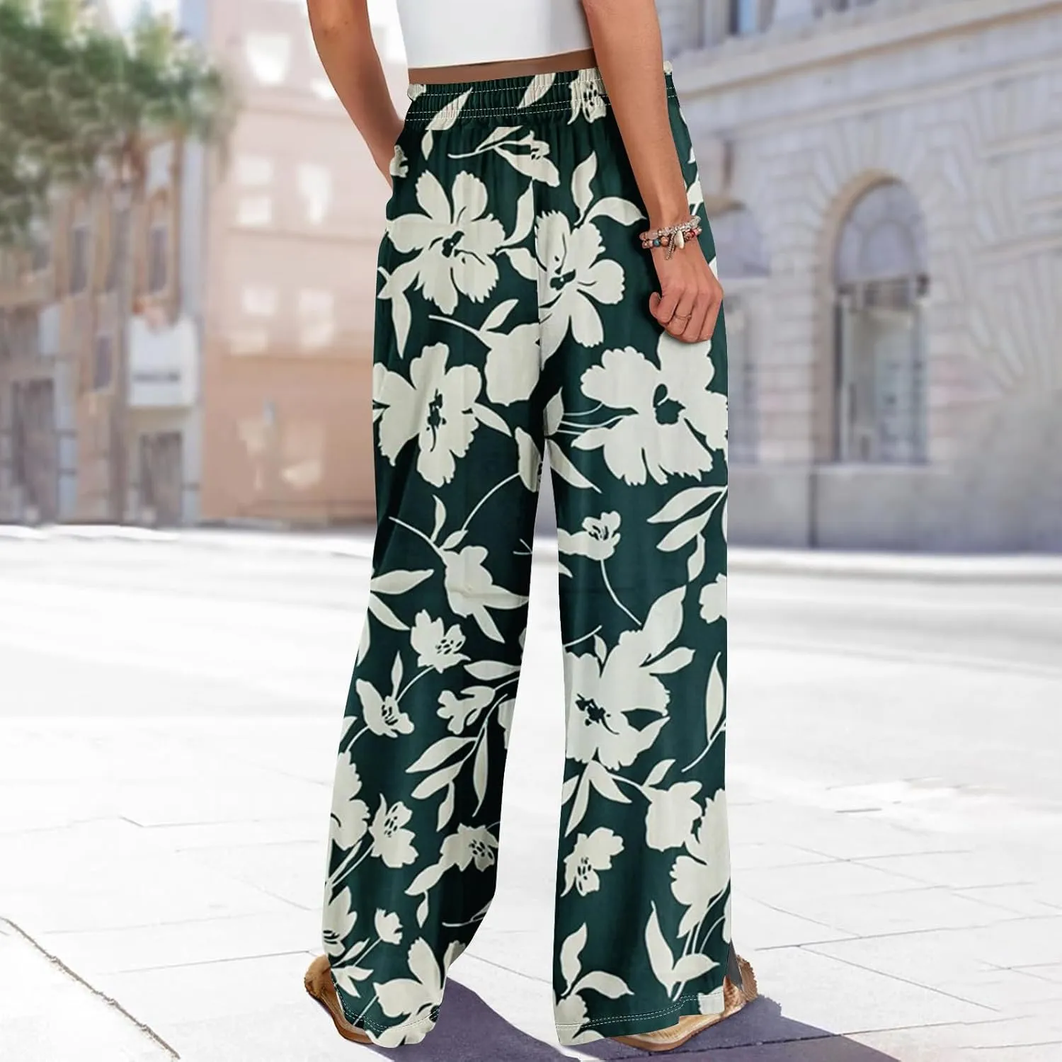 Wide Leg Pants Women Summer Boho High Waist Elastic Waist Palazzo Pants Trendy Casual Floral Print Trousers with Pockets