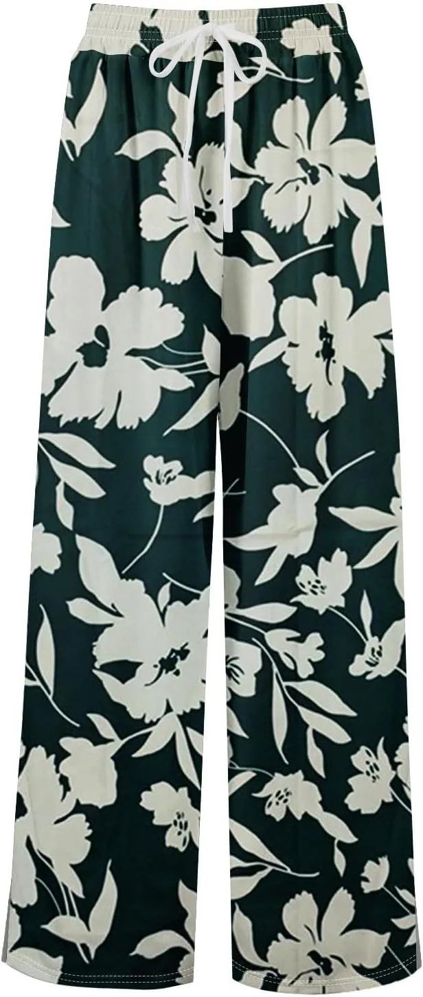 Wide Leg Pants Women Summer Boho High Waist Elastic Waist Palazzo Pants Trendy Casual Floral Print Trousers with Pockets