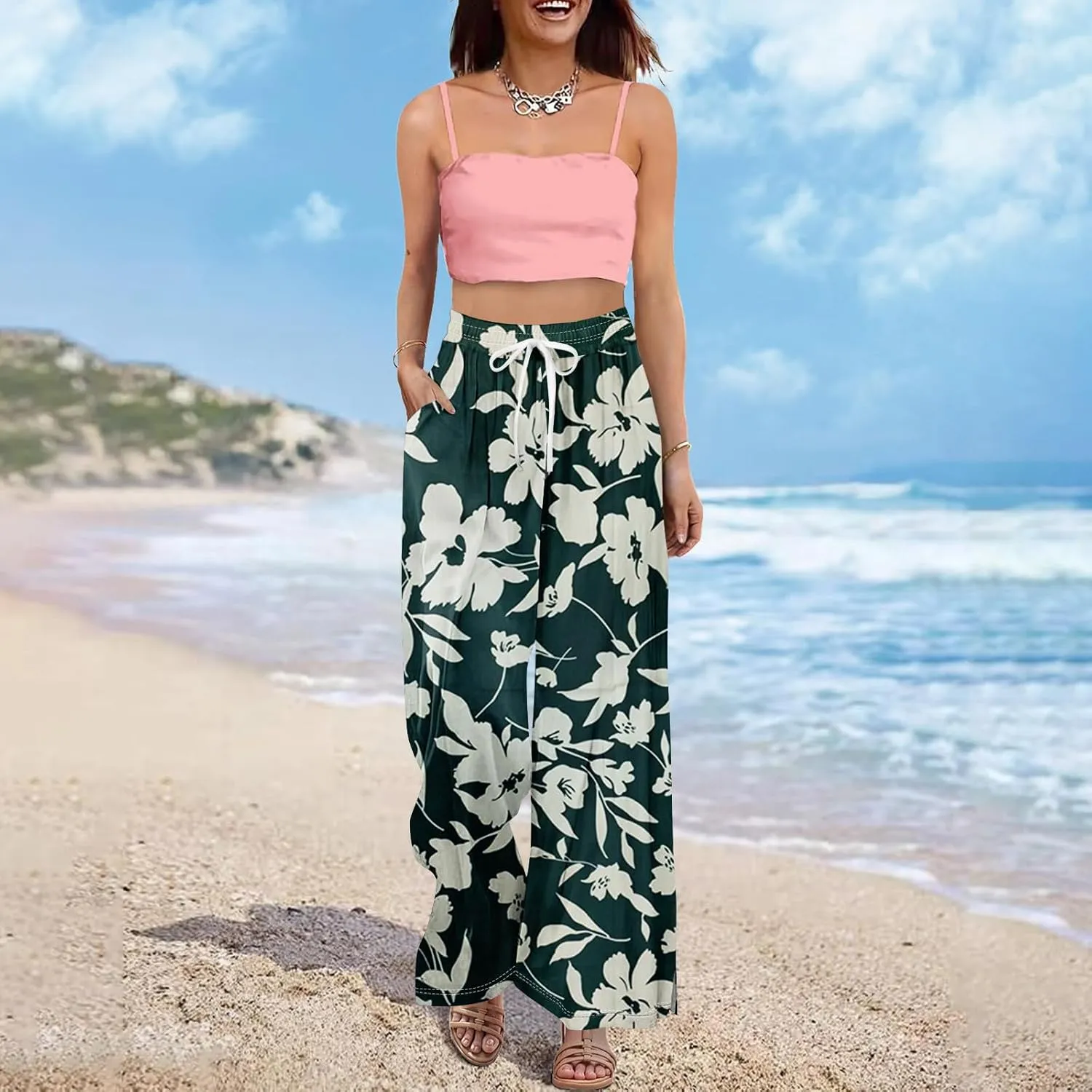 Wide Leg Pants Women Summer Boho High Waist Elastic Waist Palazzo Pants Trendy Casual Floral Print Trousers with Pockets