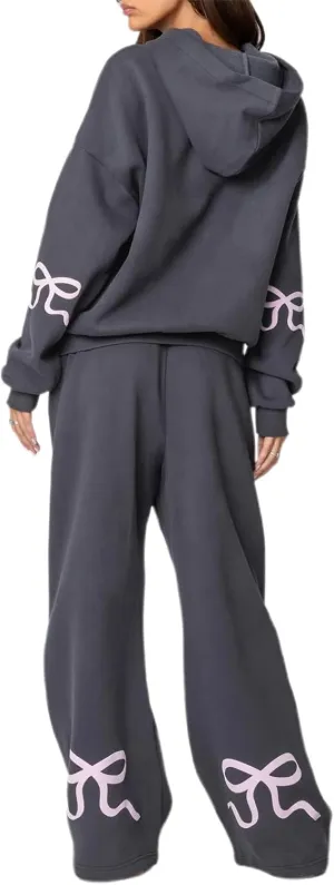 Women 2 Piece Bow Print Tracksuit Outfits Long Sleeve Hoodies Wide Leg Sweatpant Oversized Sweat Set with Pockets