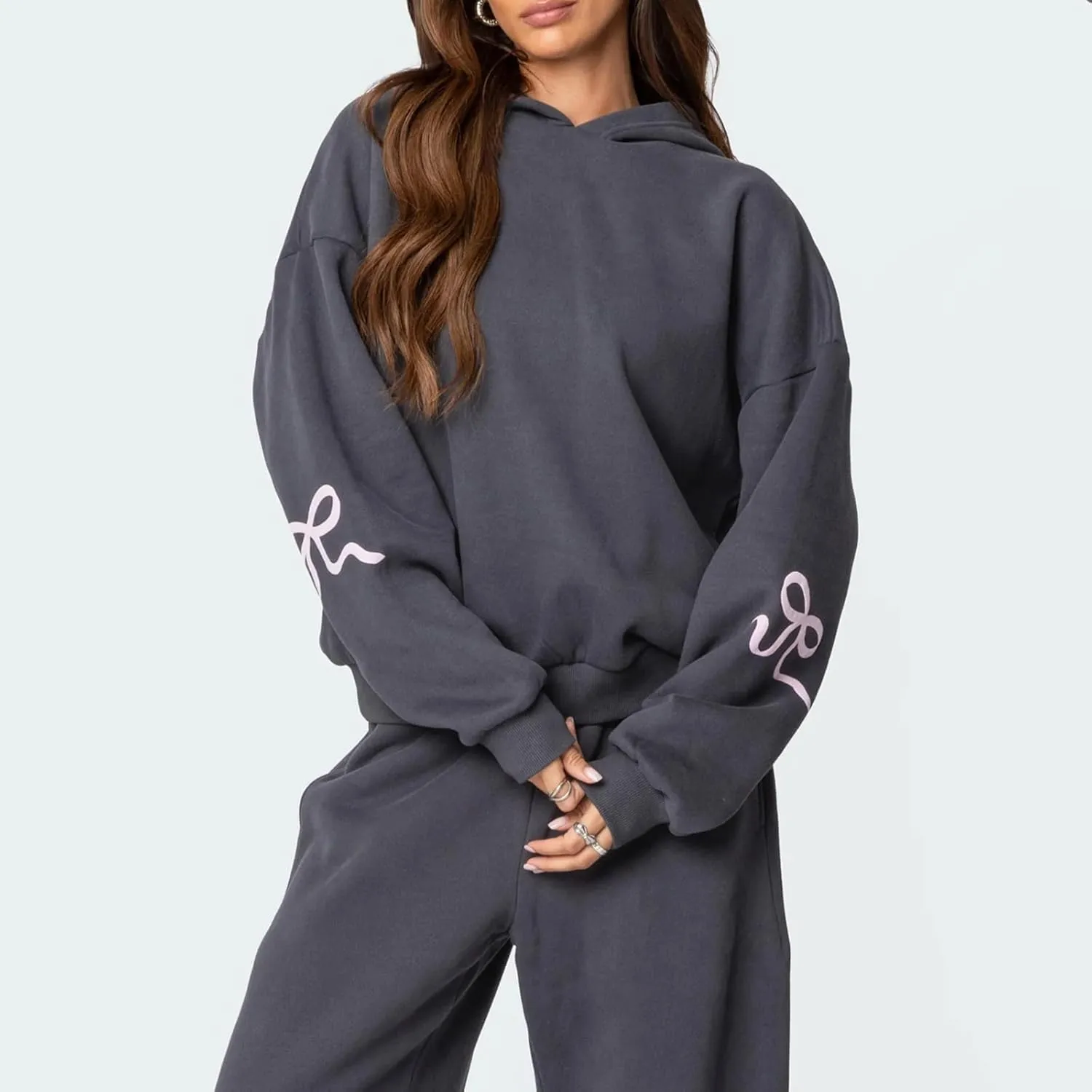 Women 2 Piece Bow Print Tracksuit Outfits Long Sleeve Hoodies Wide Leg Sweatpant Oversized Sweat Set with Pockets