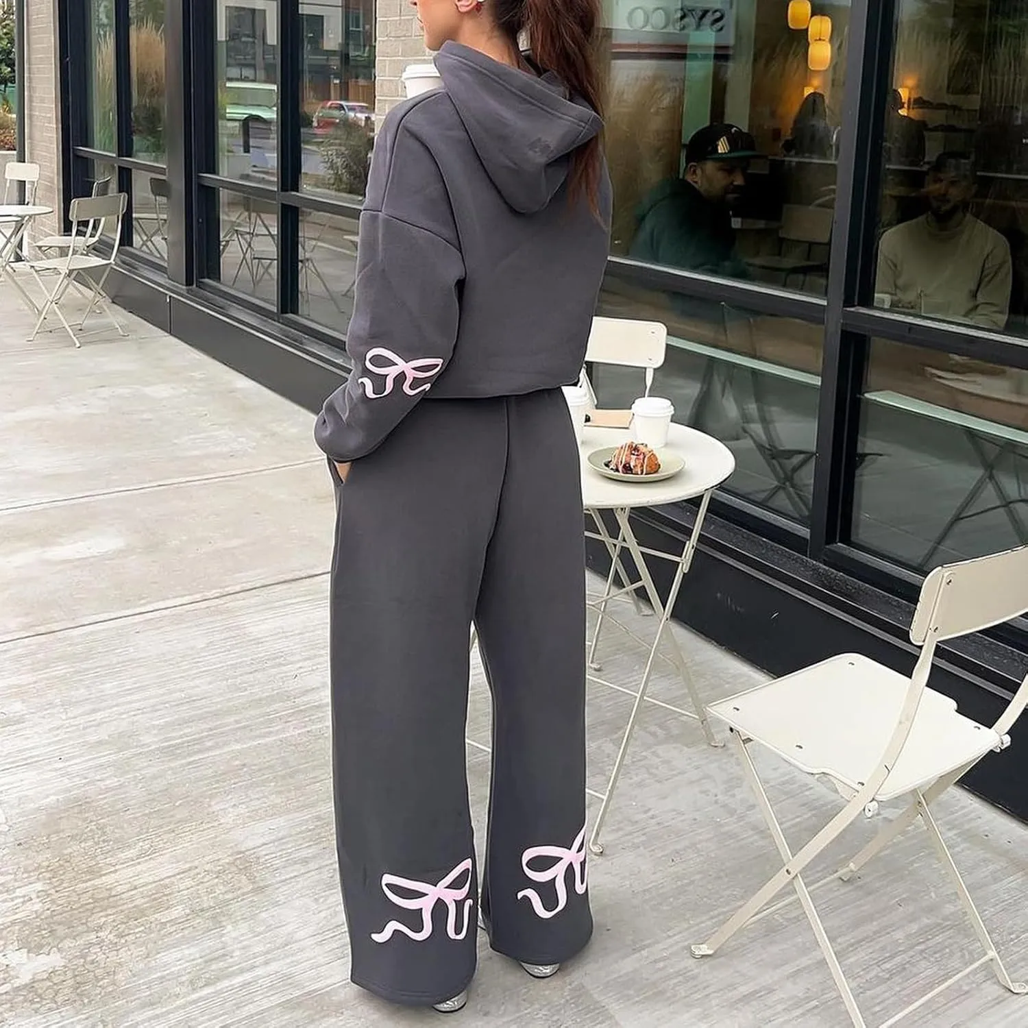 Women 2 Piece Bow Print Tracksuit Outfits Long Sleeve Hoodies Wide Leg Sweatpant Oversized Sweat Set with Pockets