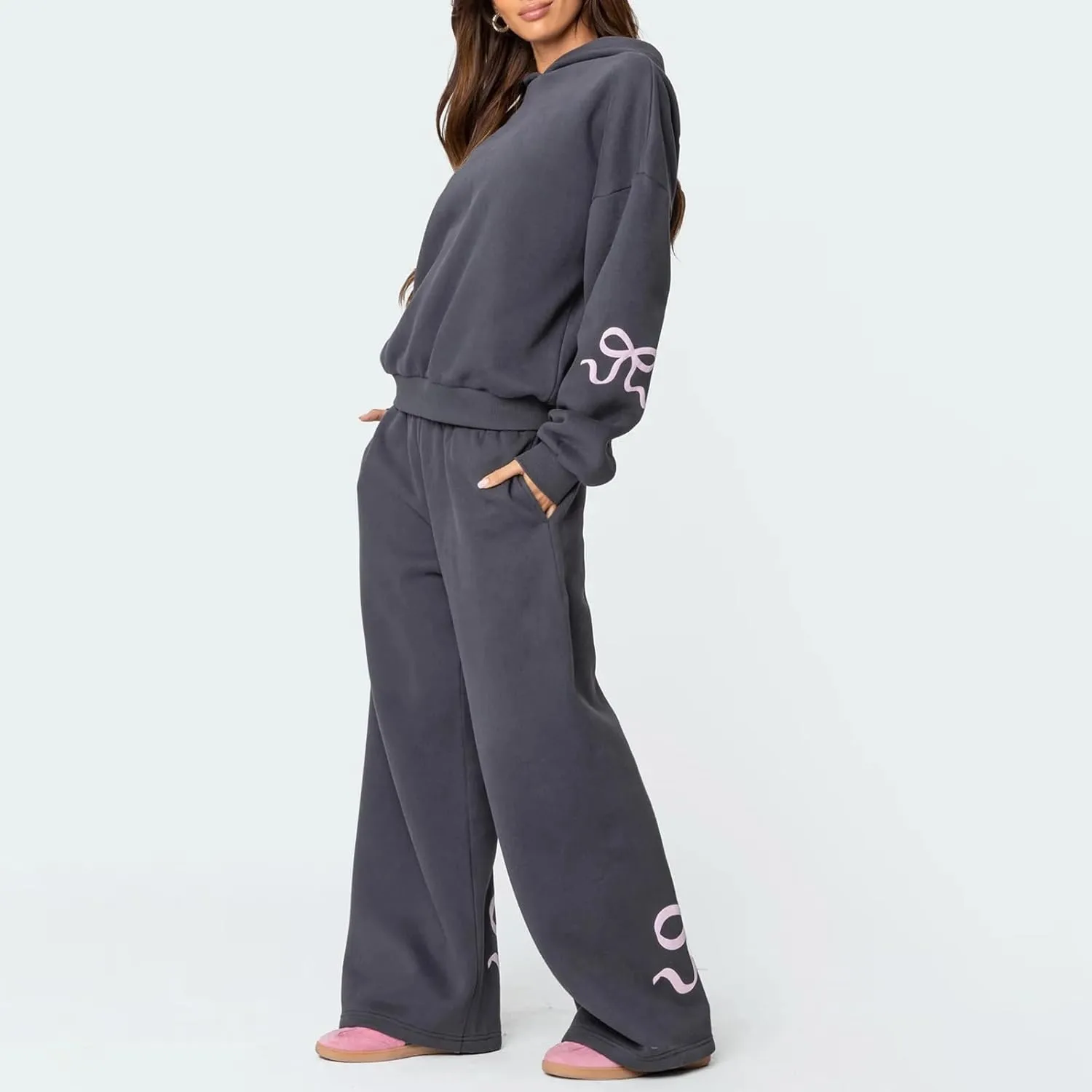 Women 2 Piece Bow Print Tracksuit Outfits Long Sleeve Hoodies Wide Leg Sweatpant Oversized Sweat Set with Pockets