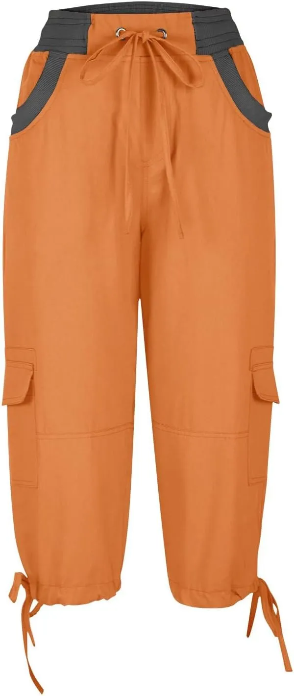 Womens Cargo Capris Pants Summer Casual Drawstring Low Waisted Hiking Jogger Outdoor Athletic 3/4 Trousers Pockets