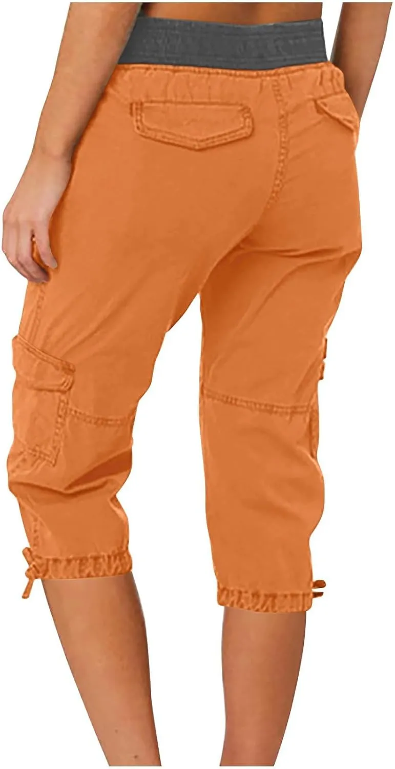 Womens Cargo Capris Pants Summer Casual Drawstring Low Waisted Hiking Jogger Outdoor Athletic 3/4 Trousers Pockets