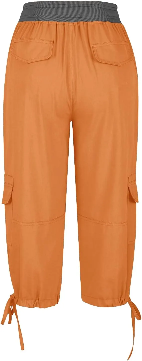 Womens Cargo Capris Pants Summer Casual Drawstring Low Waisted Hiking Jogger Outdoor Athletic 3/4 Trousers Pockets