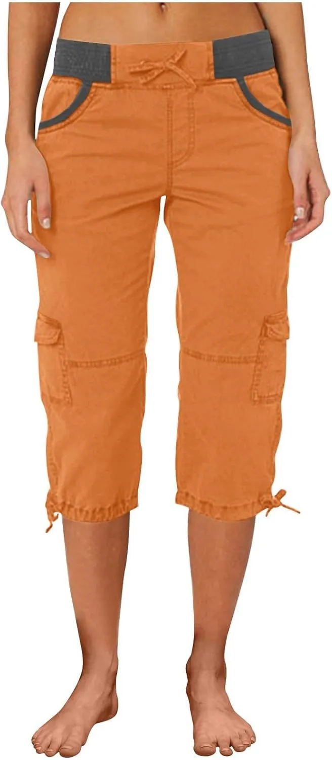 Womens Cargo Capris Pants Summer Casual Drawstring Low Waisted Hiking Jogger Outdoor Athletic 3/4 Trousers Pockets