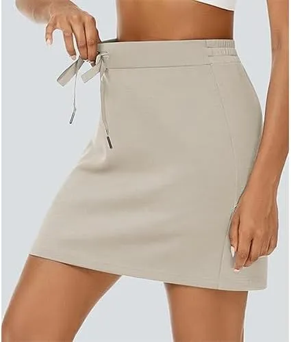 Women's Cotton Pencil Skirt Hidden Pocket High Waisted Elastic Waistband Casual Skort