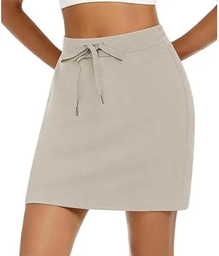 Women's Cotton Pencil Skirt Hidden Pocket High Waisted Elastic Waistband Casual Skort
