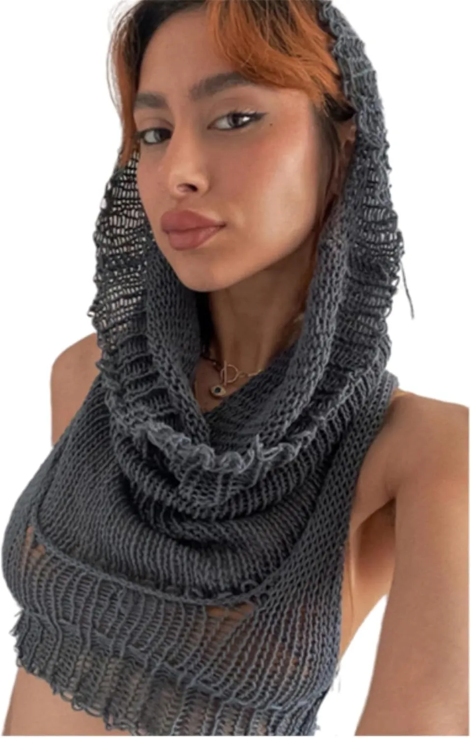 Women's Knitted Hoodie Sweater Vest Sexy Sleeveless Hollow Out Hooded Crop Top Draped Sweatshirt Streetwear