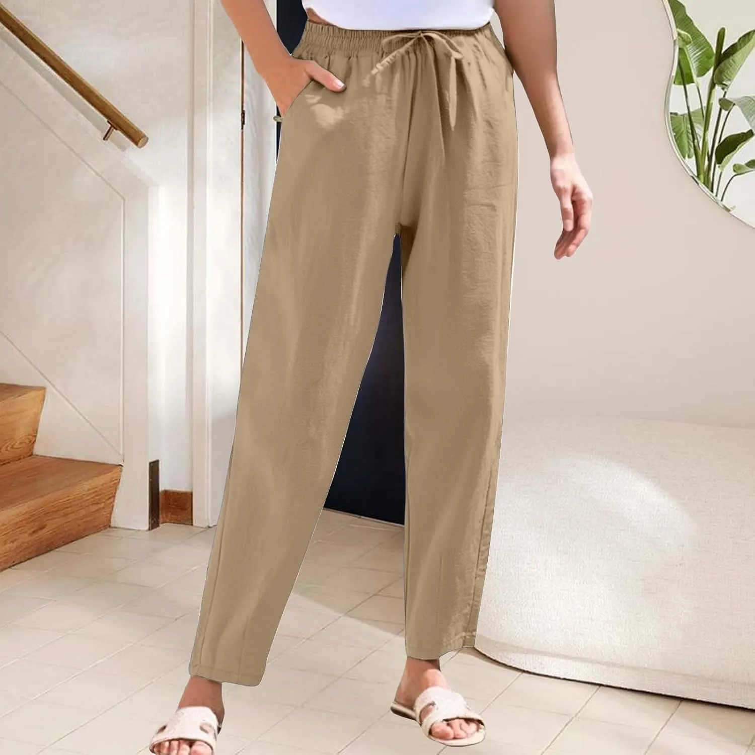 Women's Linen Straight Leg Pants Elastic Waist Drawstring Casual Trousers Summer Solid Beach Lounge Pants with Pocket