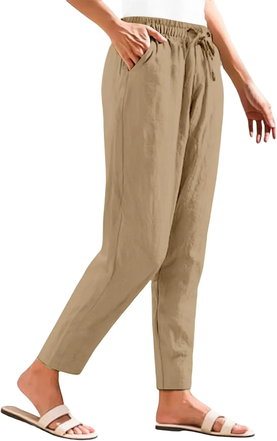Women's Linen Straight Leg Pants Elastic Waist Drawstring Casual Trousers Summer Solid Beach Lounge Pants with Pocket