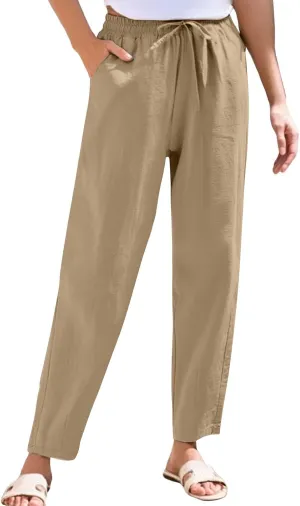 Women's Linen Straight Leg Pants Elastic Waist Drawstring Casual Trousers Summer Solid Beach Lounge Pants with Pocket