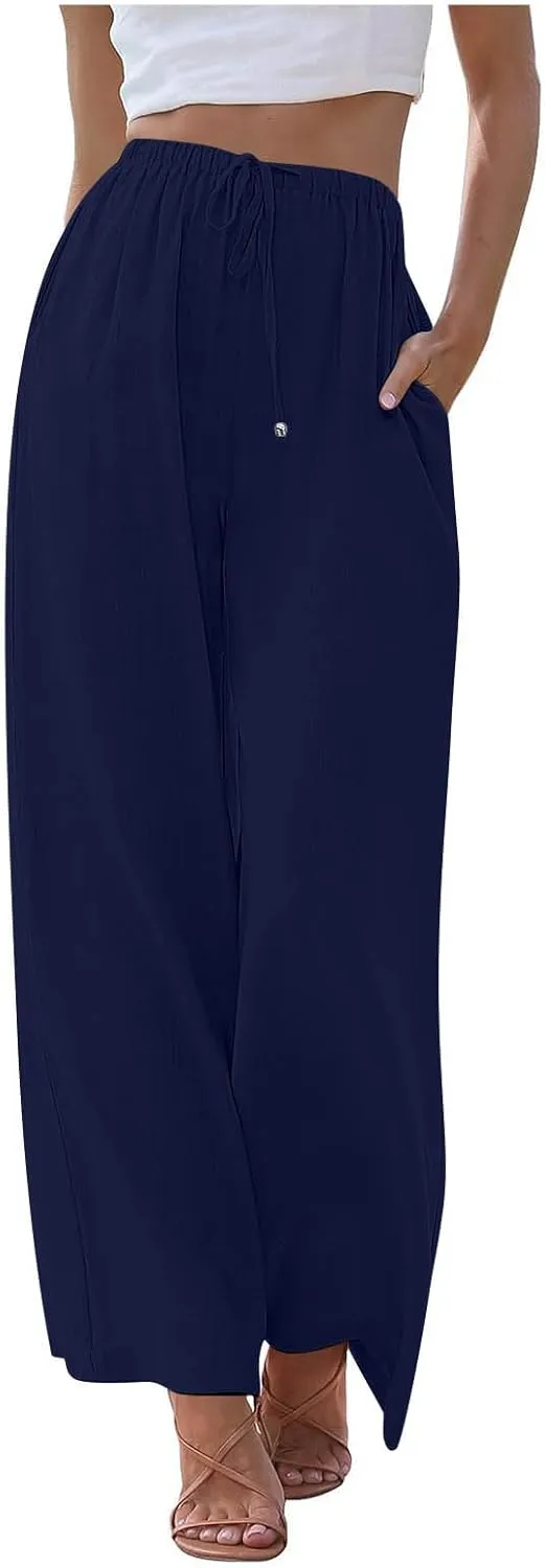 Women's Pants Trendy Linen Summer Wide Leg Pants Flowy Solid Color Beach Pants with Pockets Dress Pants, S-3XL