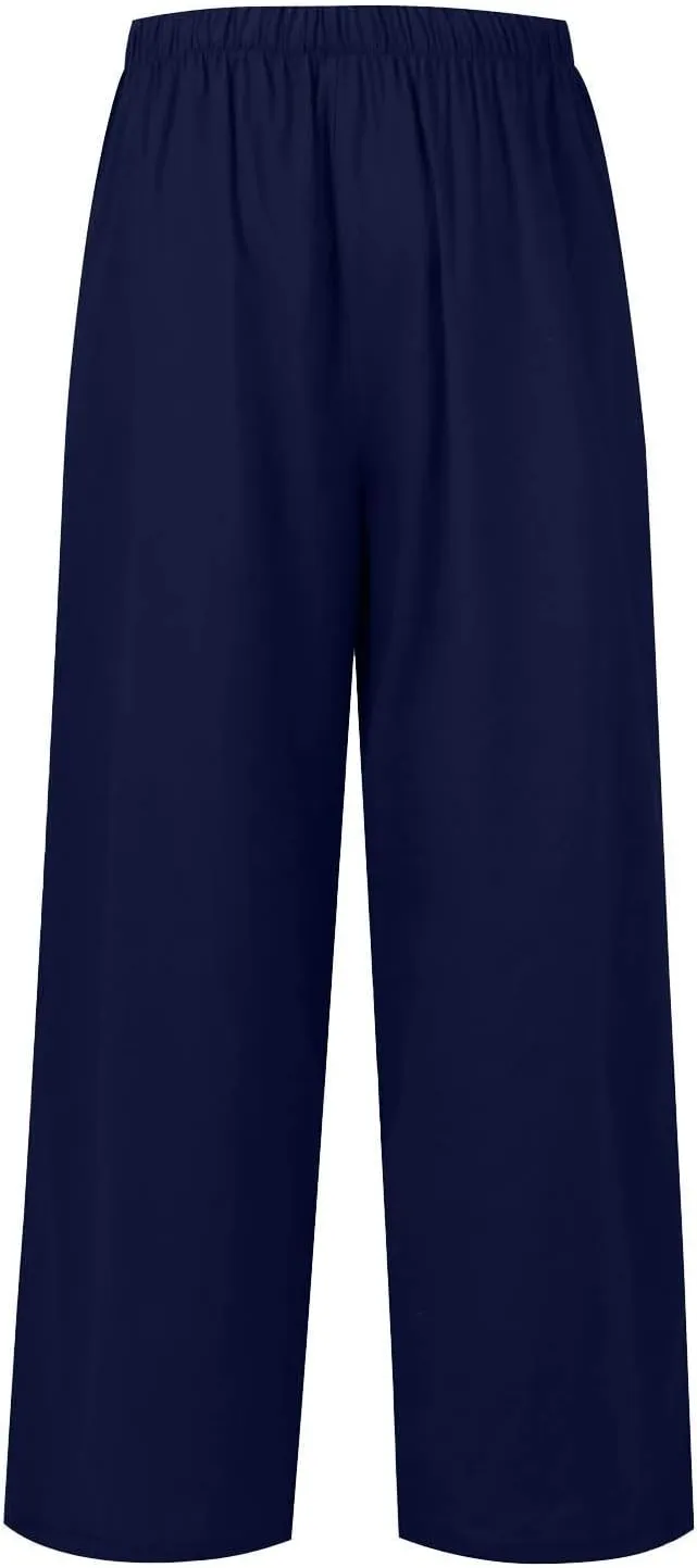 Women's Pants Trendy Linen Summer Wide Leg Pants Flowy Solid Color Beach Pants with Pockets Dress Pants, S-3XL