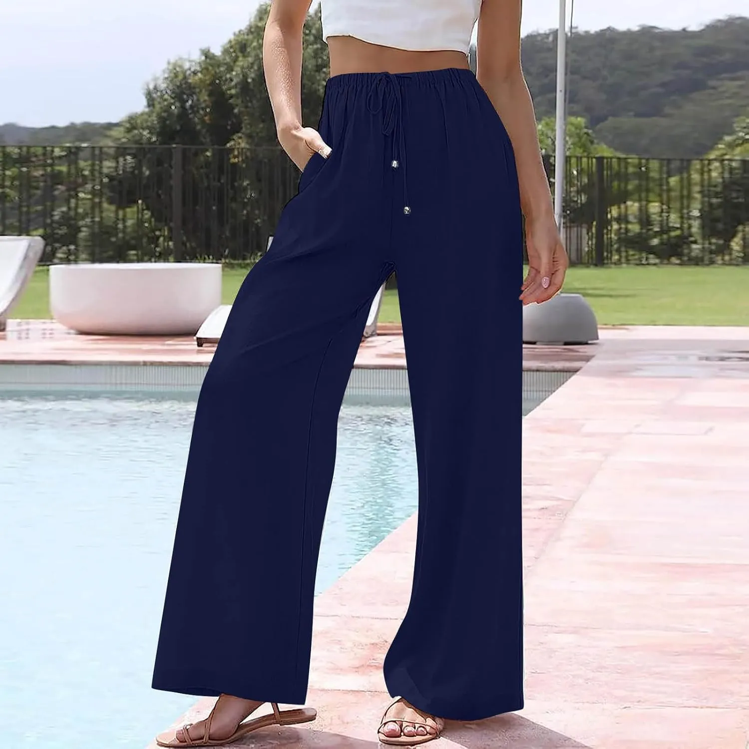 Women's Pants Trendy Linen Summer Wide Leg Pants Flowy Solid Color Beach Pants with Pockets Dress Pants, S-3XL