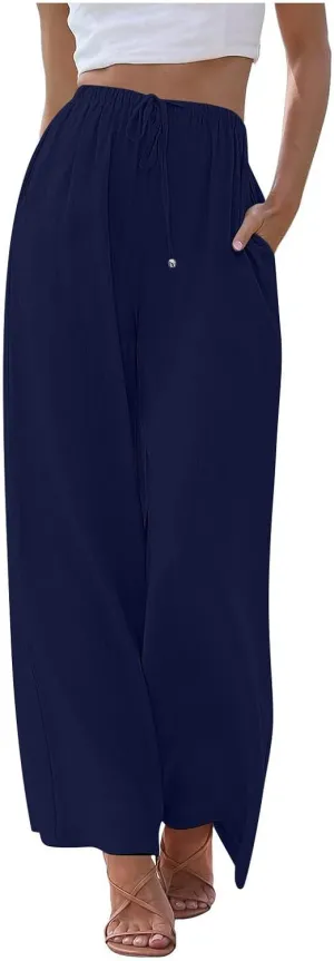Women's Pants Trendy Linen Summer Wide Leg Pants Flowy Solid Color Beach Pants with Pockets Dress Pants, S-3XL