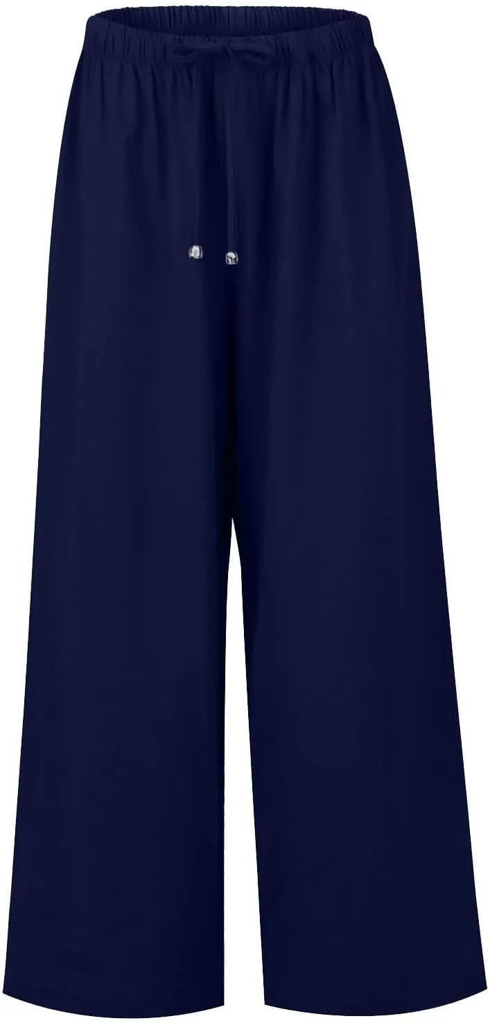 Women's Pants Trendy Linen Summer Wide Leg Pants Flowy Solid Color Beach Pants with Pockets Dress Pants, S-3XL