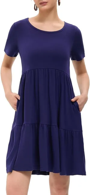 Women's Summer Casual Dress Short Sleeve Crewneck T Shirt Sundress Mini Beach Vacation Dresses with Pockets