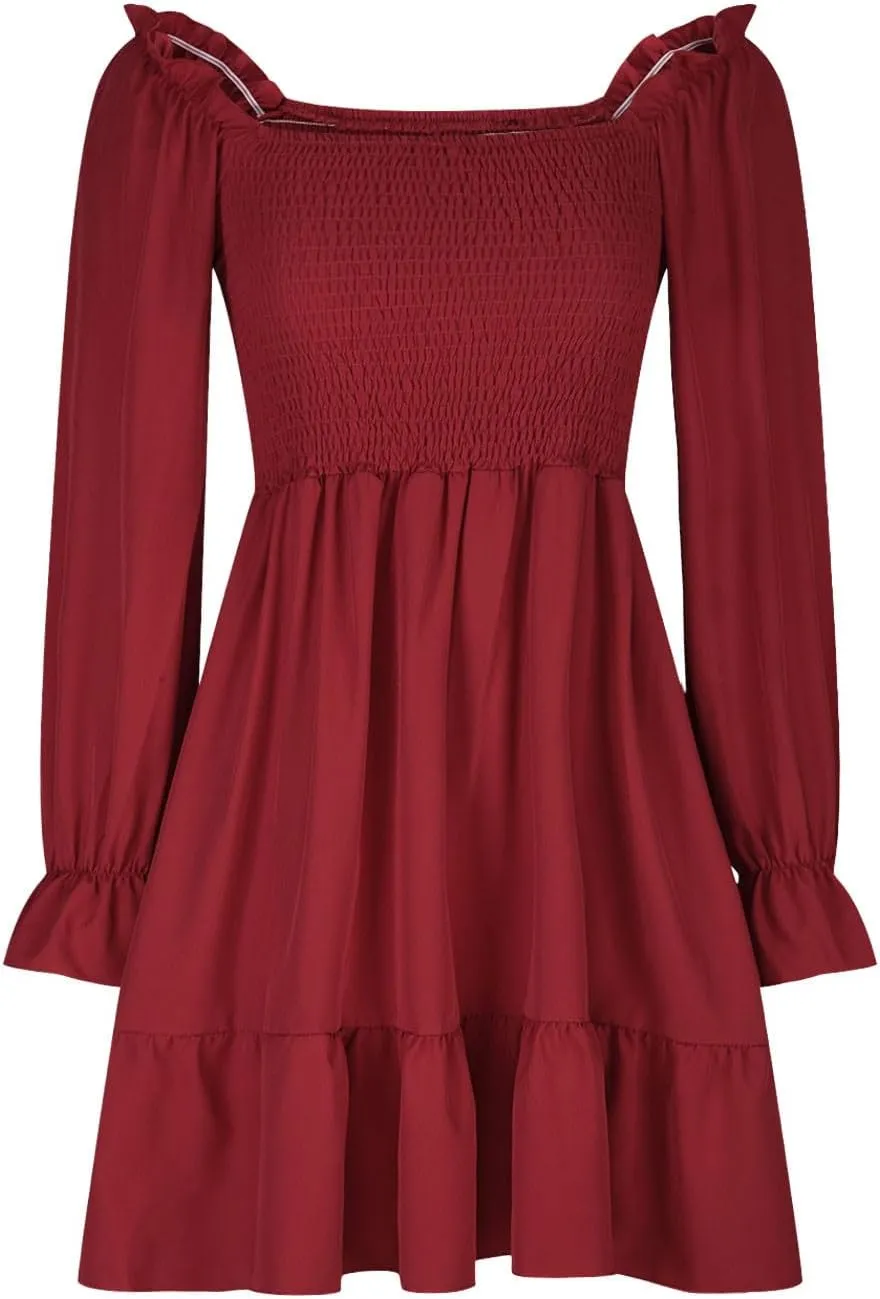 Women's Summer Dresses Boho Square Neck Smocked Bell Long Sleeve Casual A-Line Swing Ruffle Mini Babydoll Dress