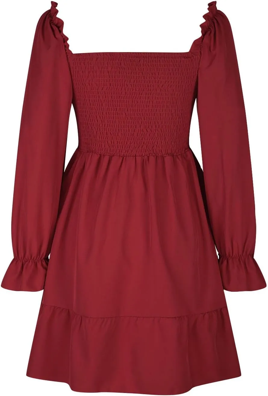 Women's Summer Dresses Boho Square Neck Smocked Bell Long Sleeve Casual A-Line Swing Ruffle Mini Babydoll Dress
