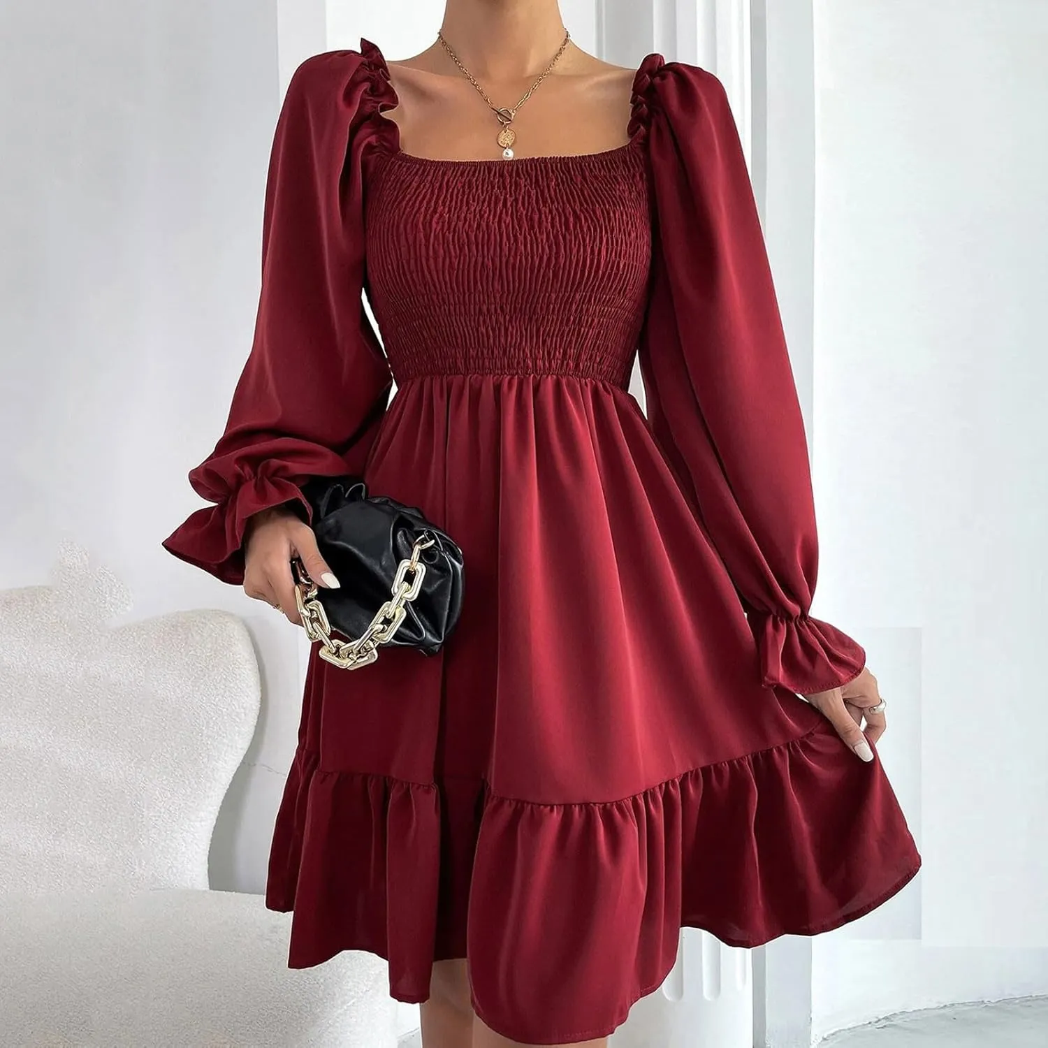 Women's Summer Dresses Boho Square Neck Smocked Bell Long Sleeve Casual A-Line Swing Ruffle Mini Babydoll Dress