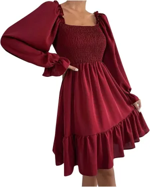 Women's Summer Dresses Boho Square Neck Smocked Bell Long Sleeve Casual A-Line Swing Ruffle Mini Babydoll Dress