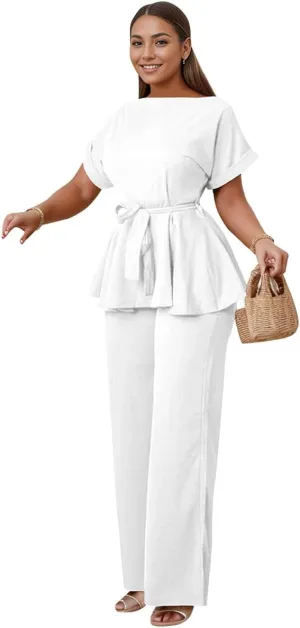 WUSENST White Suit Set for Women Round Neck Short Sleeve Tied Waist Ruffle Hem Top High Waisted Wide Leg Pants Casual Elegant Business Suit Sets